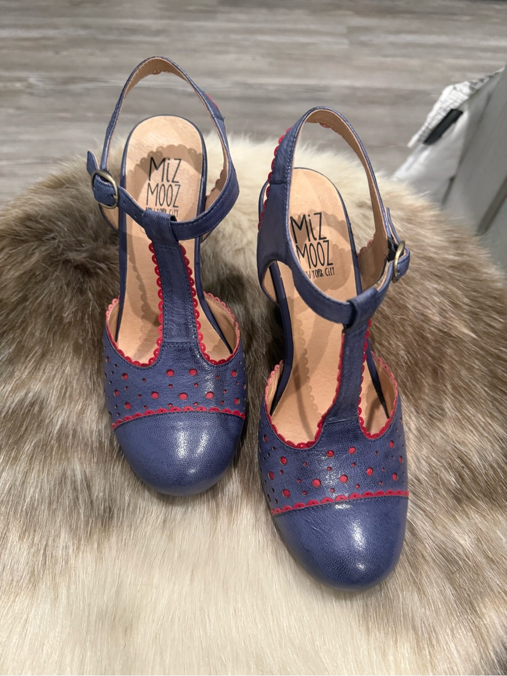 Miz Mooz Navy/ Purple and Red T‑Strap Slingback Heels